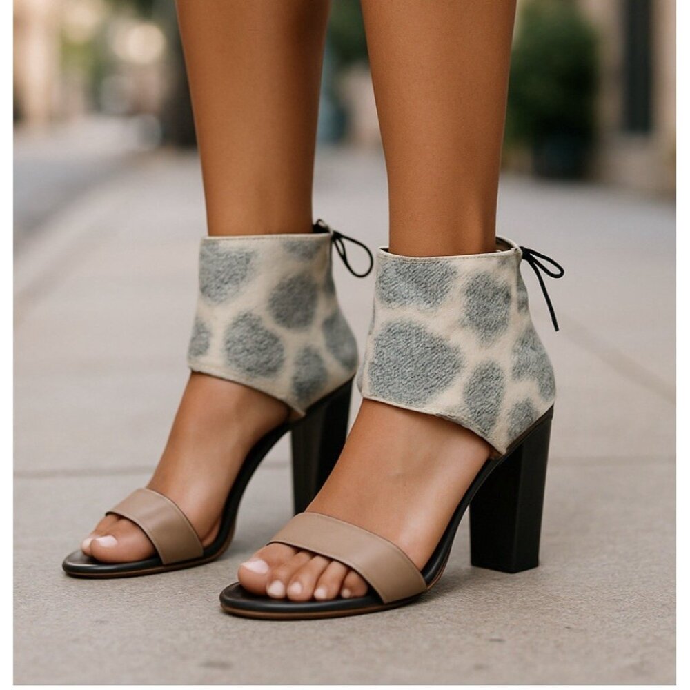Dee Keller Heel 37 Italy Giraffe Animal Print Fine Leather Ankle Wrap Sandal 6.5